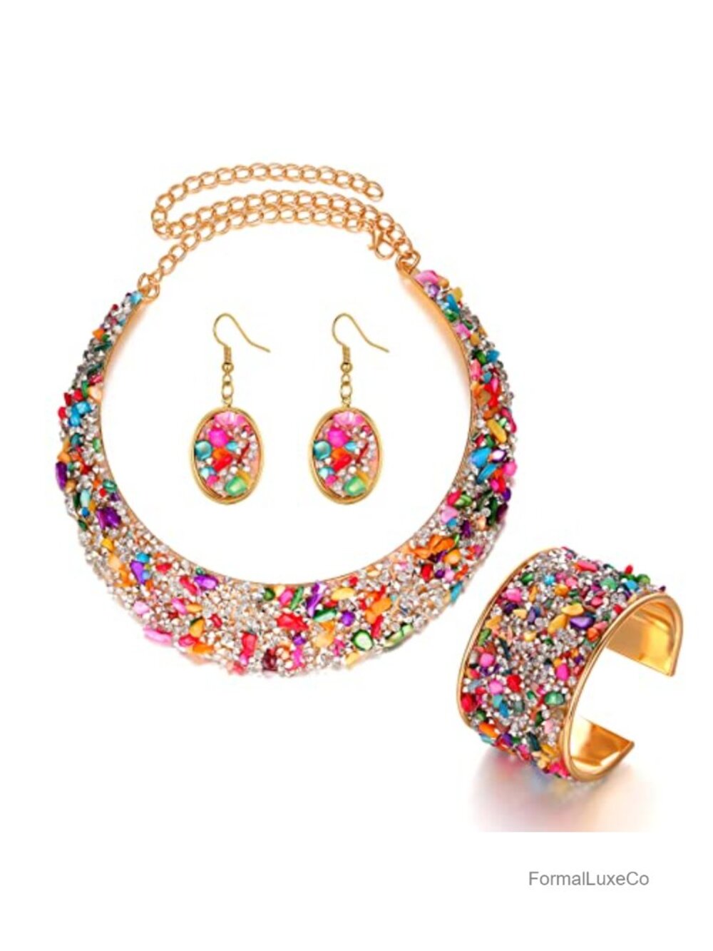 3 Pc Rhinestone Bib Collar Necklace Set Gold Metal Bohemian Wedding Jewelry